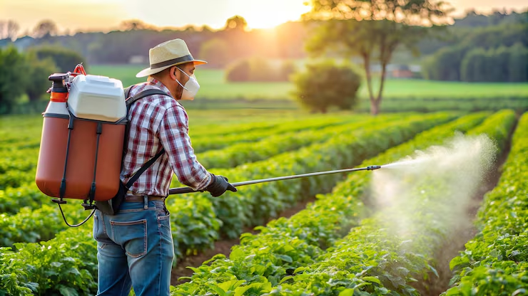 Farmer applying crop protection spray to plantation